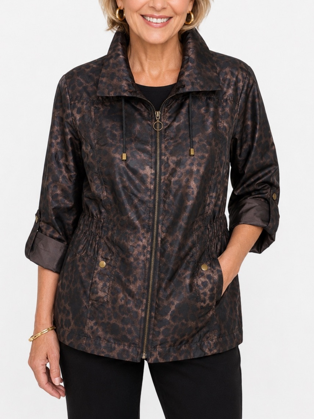 Chico’s Leopard Print Utility Jacket 1 Brown Black Zip Front Lightweight Medium